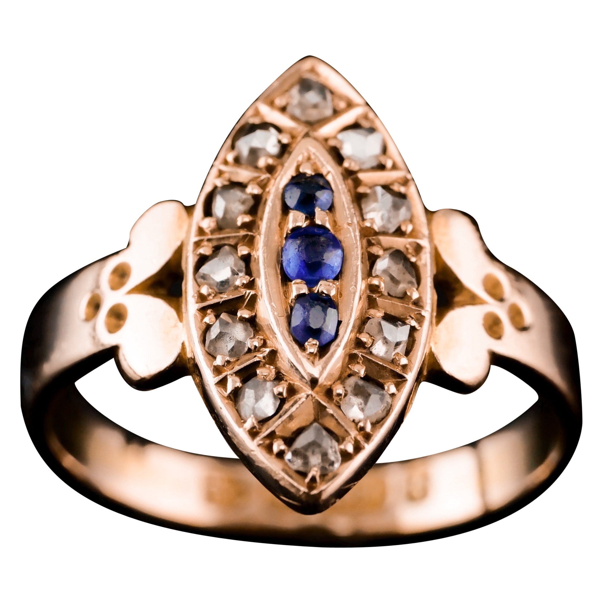 Antique Victorian 15k Sapphire and Diamond Navette Ring, Chester, 1893