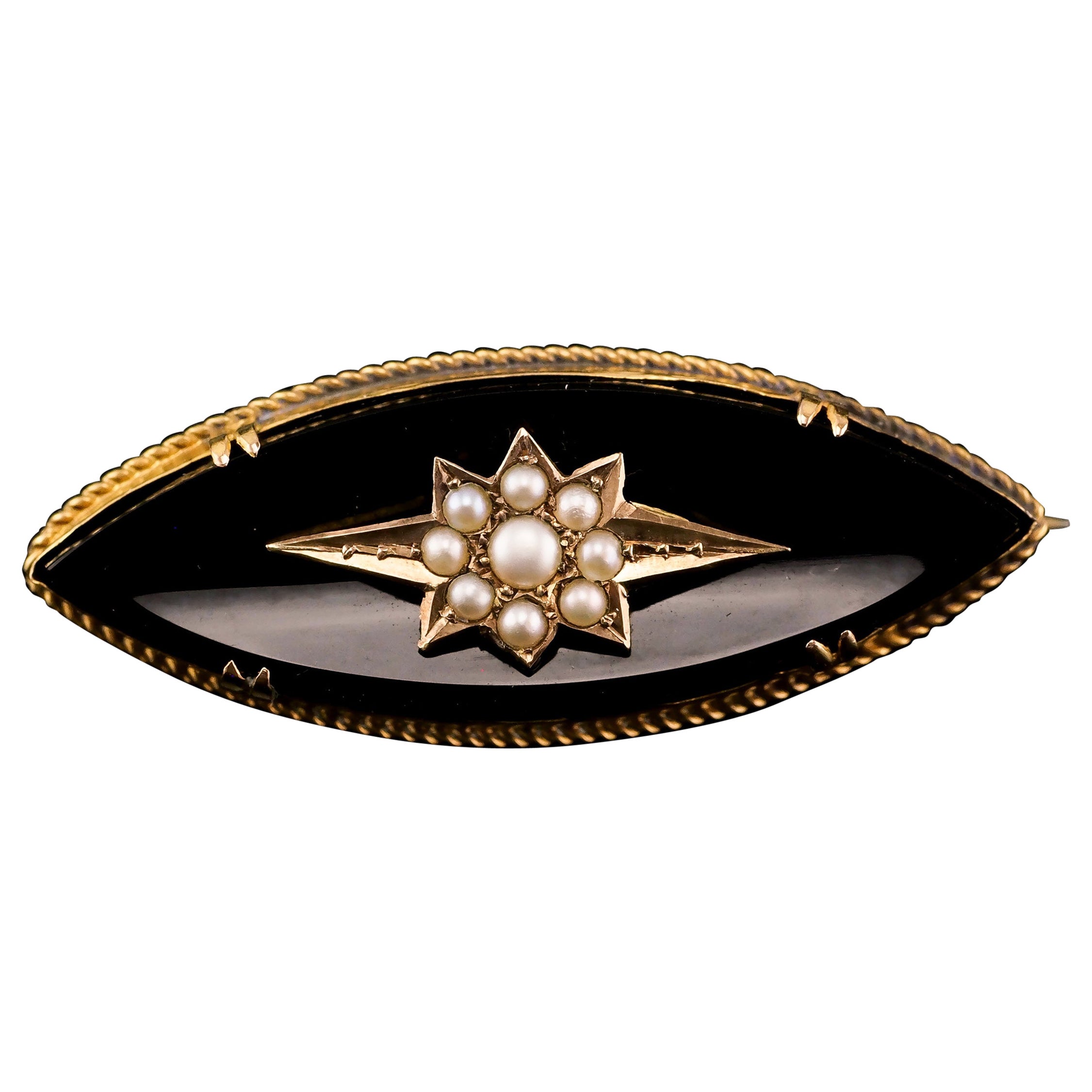 Antique Victorian 18k Gold Onyx & Pearl Star Brooch, circa 1890 For Sale