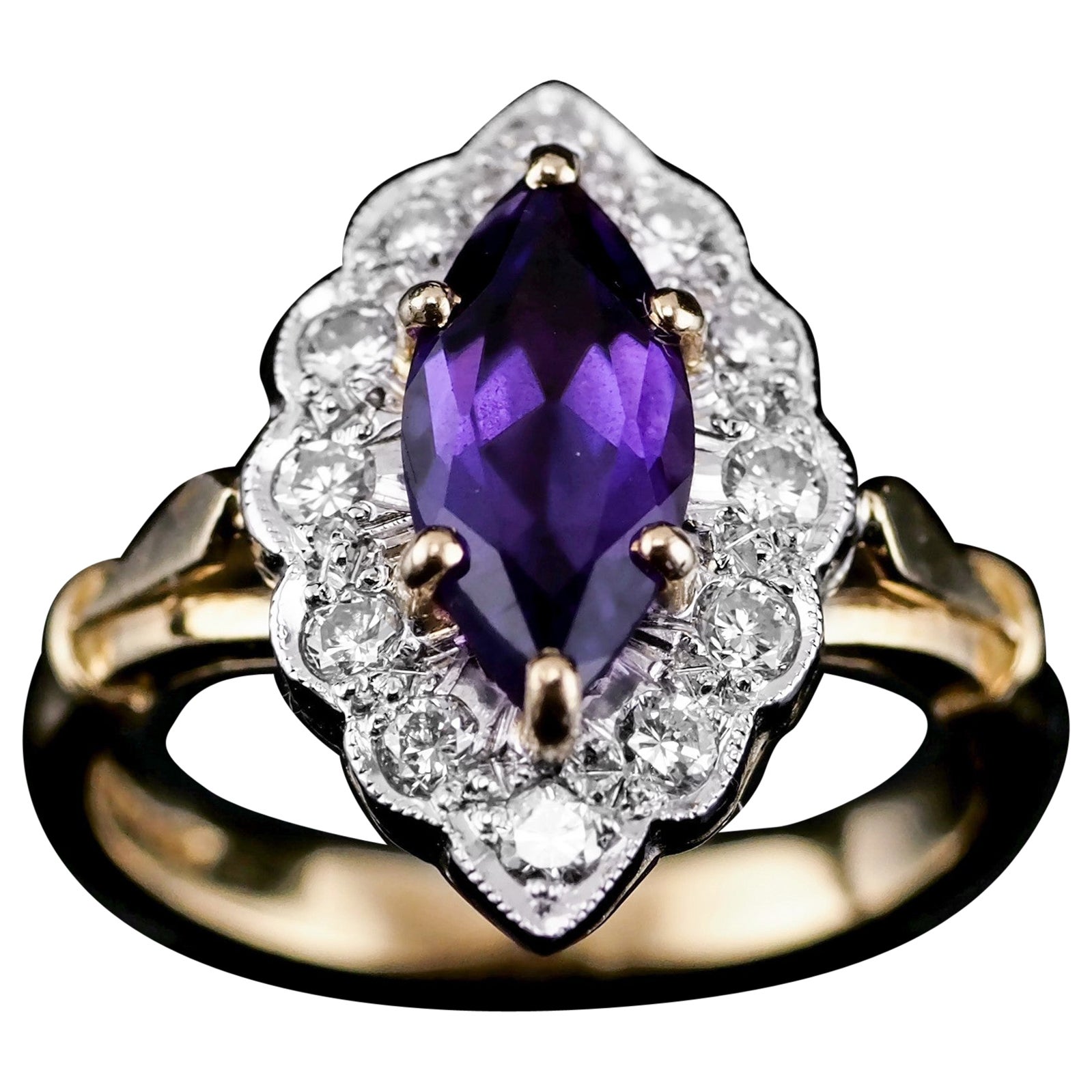 Vintage 18k Gold Amethyst & Diamond Marquise/Navette Cluster Ring