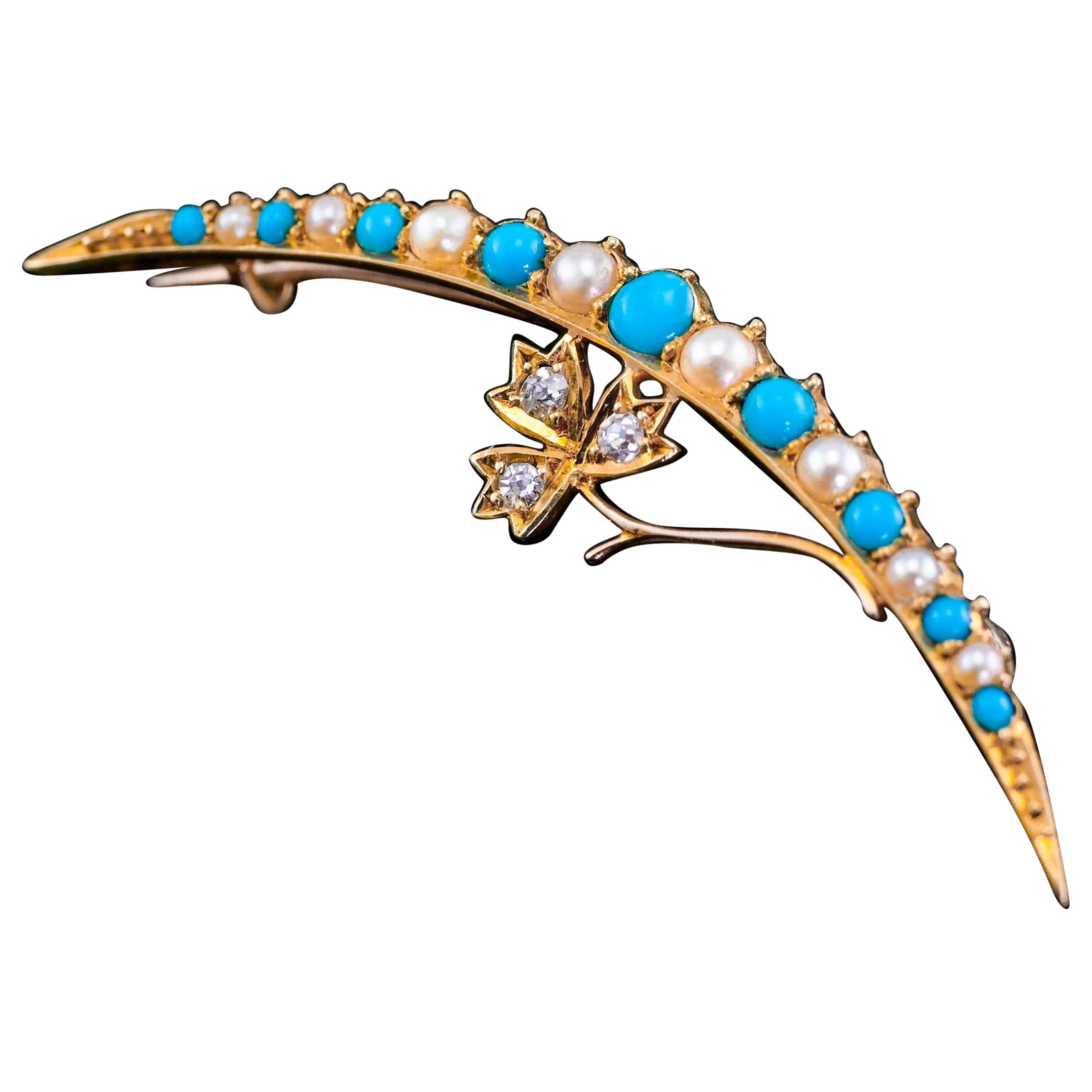 Antique Victorian 15k Gold Turquoise, Pearl & Diamond Crescent Brooch, c.1900 For Sale