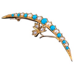 Broche victorienne ancienne en forme de croissant en or 15 carats avec turquoise, perles et diamants, c.1900