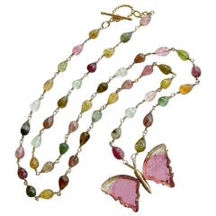 Collier papillon en or avec tourmaline rose menthe verte et pastèque