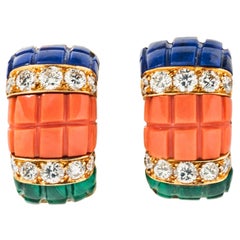 Van Cleef & Arpels Coral, Malachite and Lapis Lazuli Ear Clips