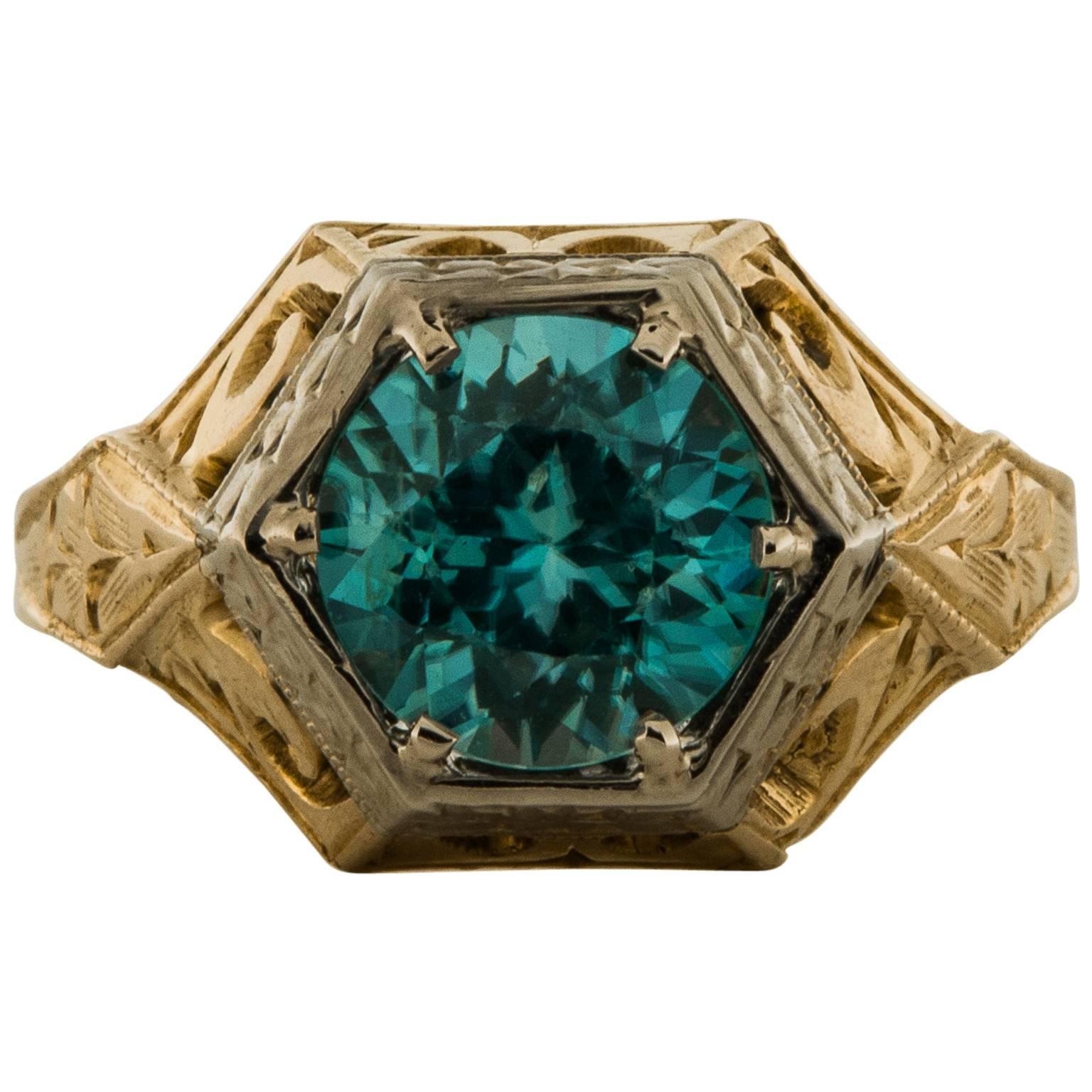 2.00 Carat Blue Zircon Two-Tone Gold Ring For Sale