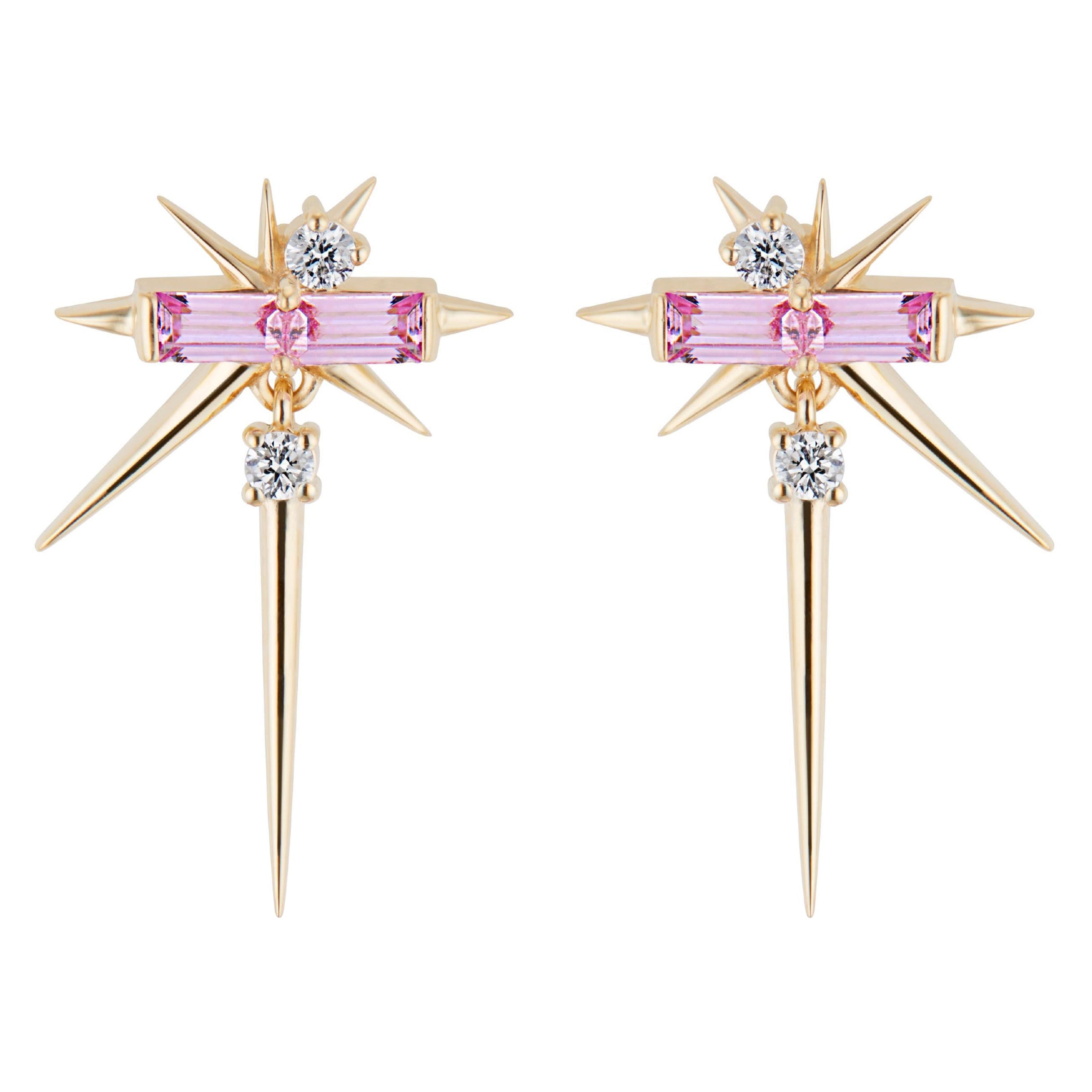 Pink Sapphire Baguette & Round Diamond Drop Earrings, Spike Earrings For Sale