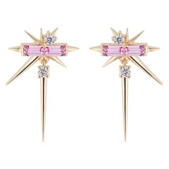 Pendants d'oreilles en saphir rose, baguette et diamant rond, boucles d'oreilles à pointes