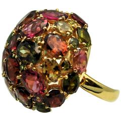 1980s Large Round Domed Colored Stone Gold Ring 