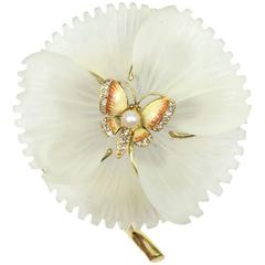Amazing Enamel Pearl Diamond Butterfly and Flower Brooch Pendant 