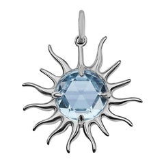 Rose Cut Blue Sapphire Sun Pendant, 10 Karat White Gold with Paper-Link Chain