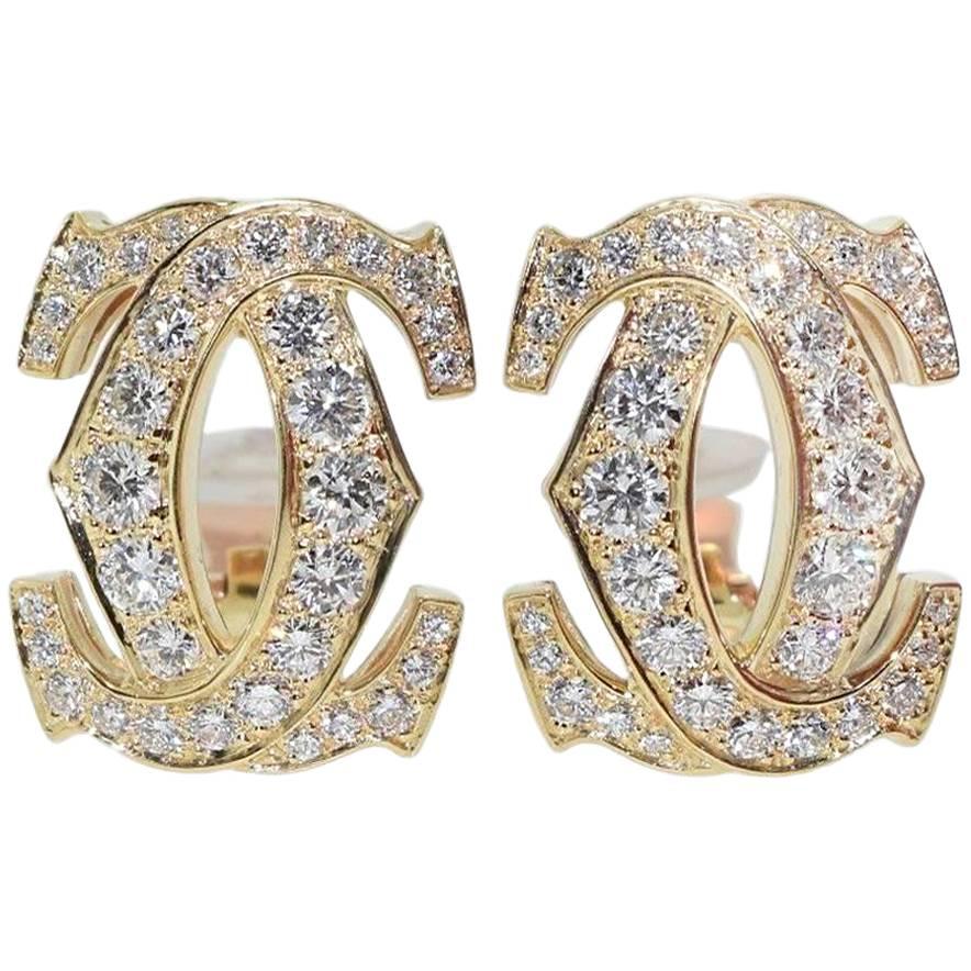 Cartier Large "Double C" Diamond Gold Earrings For Sale