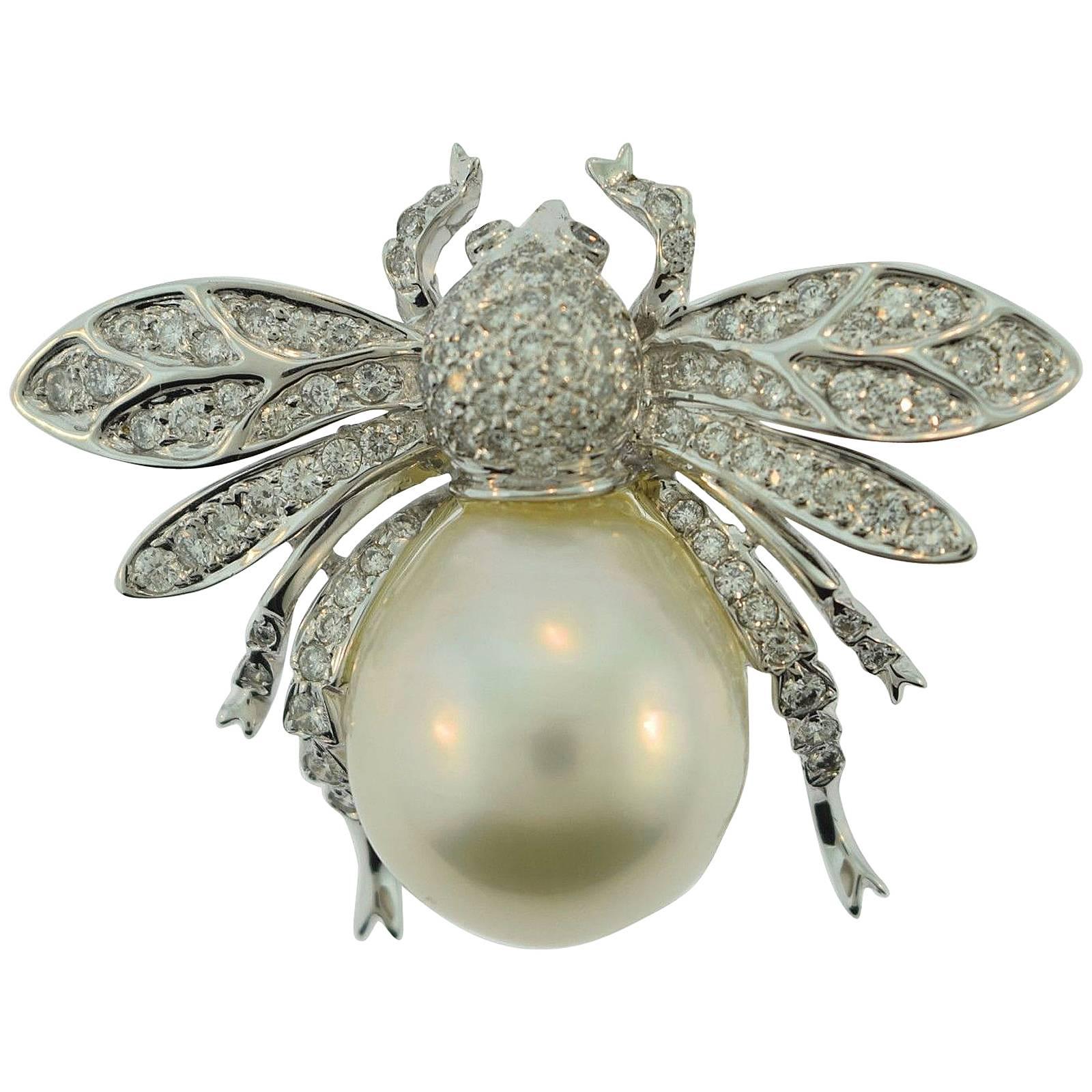 South Sea Pearl Diamond Gold Bumble Bee Brooch Pendant For Sale