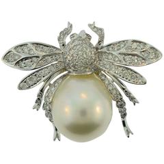 South Sea Pearl Diamond Gold Bumble Bee Brooch Pendant