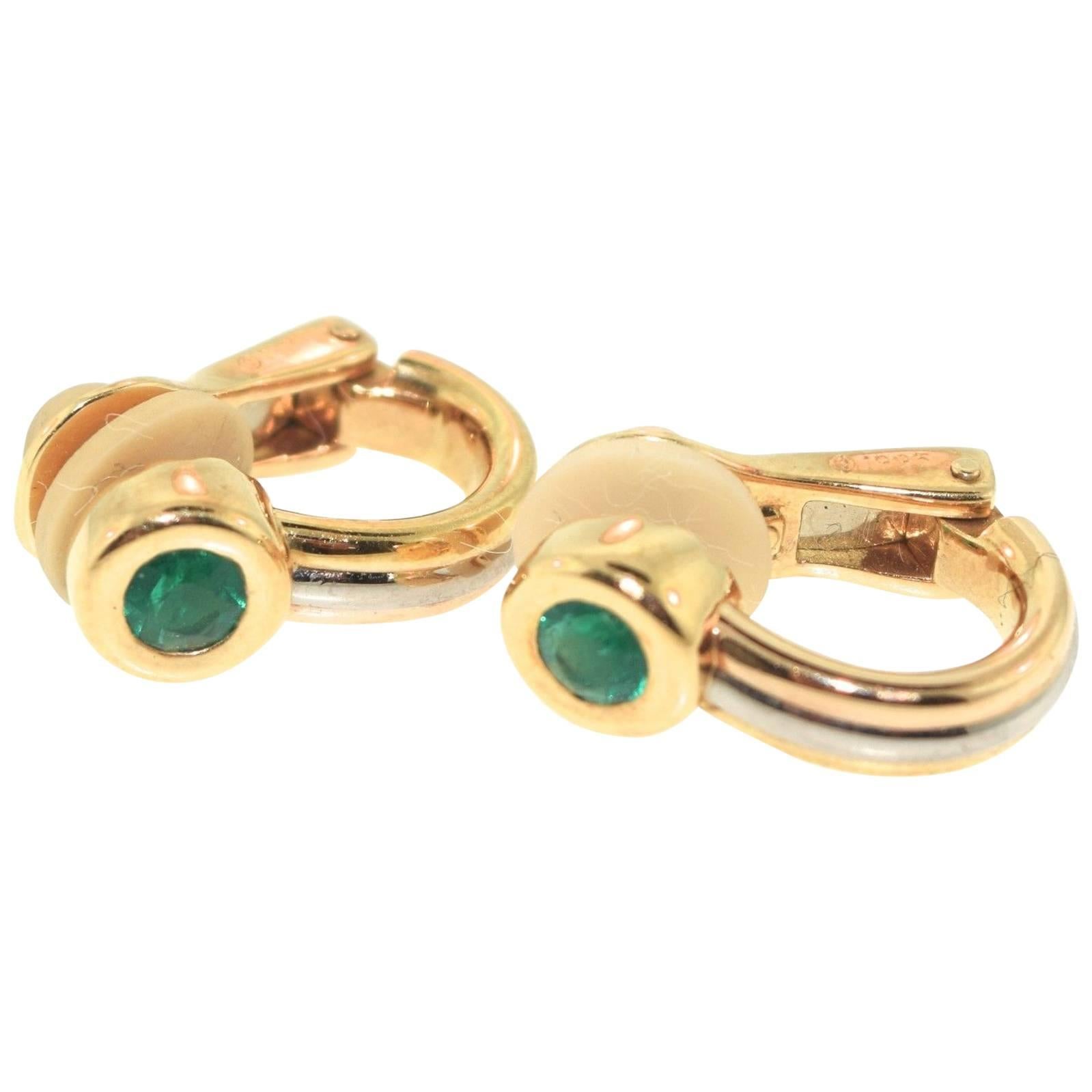 Cartier Emerald Three Color Gold Hoop Earrings  For Sale
