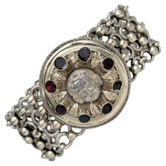 Antique Victorian 830 Silver Cherub 3.50 Carat Garnet Wide Chain Bracelet