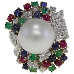 Multicolor Stones Pearl Diamond Gold Ring