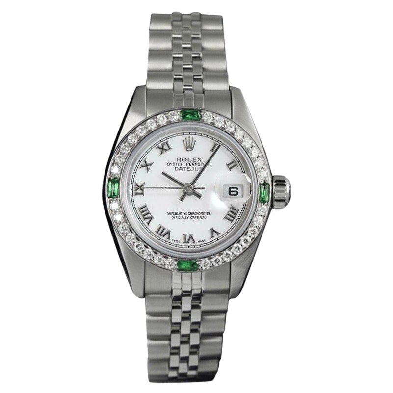 Rolex Datejust Stahluhr mit weißem römischem Zifferblatt und Smaragd-/Diamant-Lünette