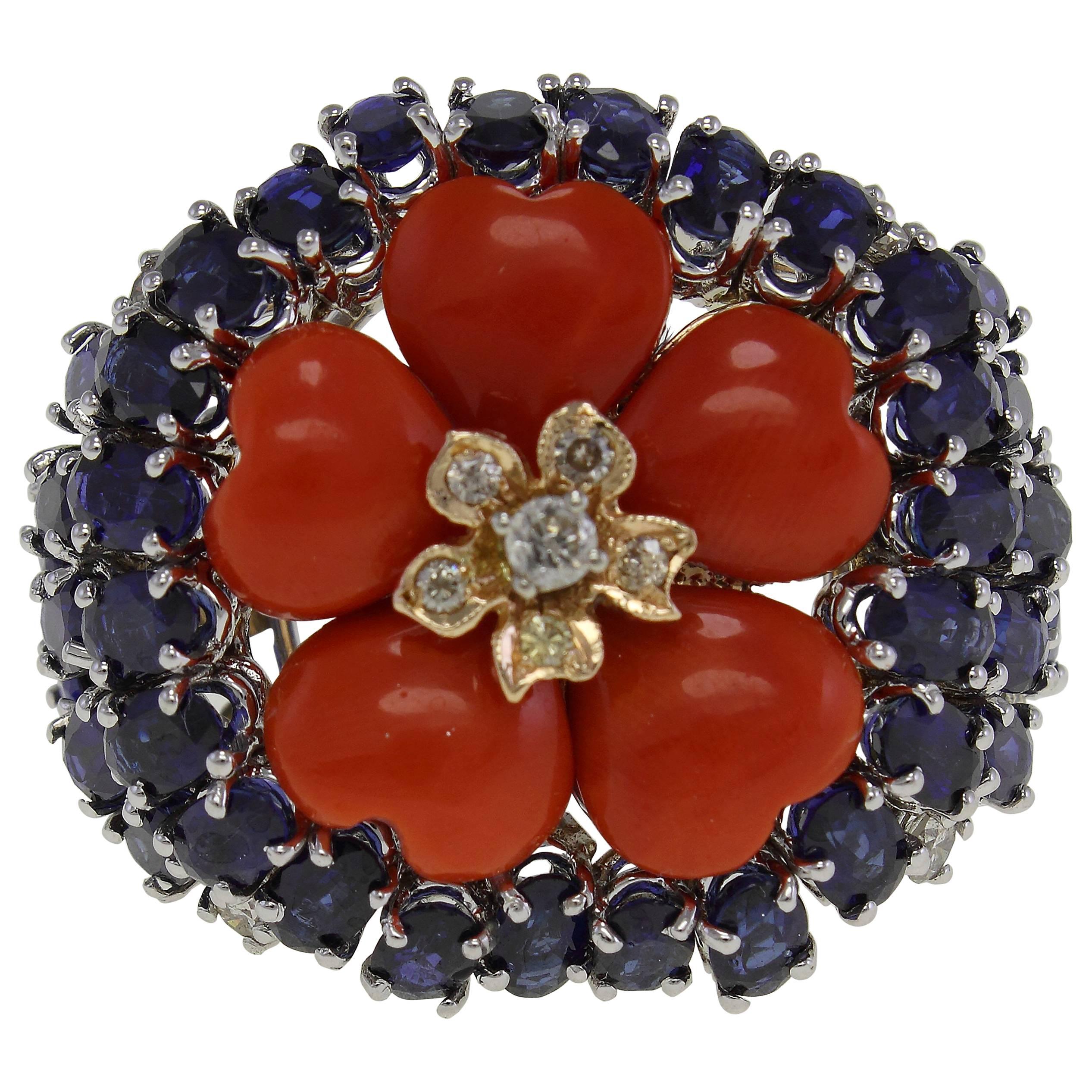 Luise Coral Sapphire Diamond Gold Flower Ring