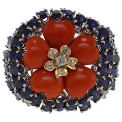 Luise Coral Sapphire Diamond Gold Flower Ring 7