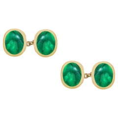 Four Matched Cabochon Colombia Emeralds Double Sides Chain Link Gold Cufflinks
