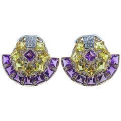 Luise Amethyst Topaz Diamond Gold Fan Earrings 8