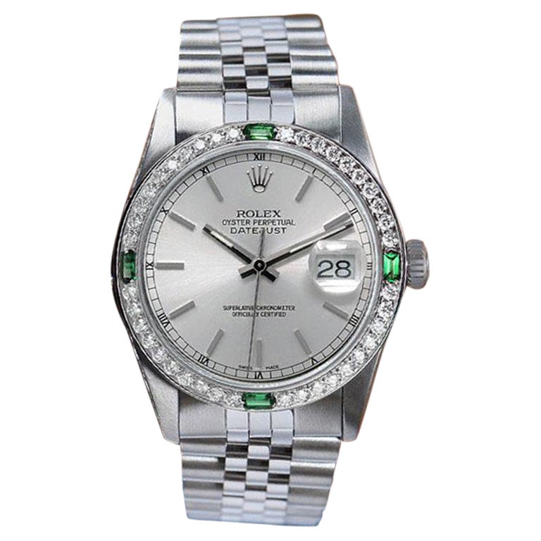 Rolex Datejust Silver Index Dial Diamond/Emerald Bezel Steel Watch For Sale