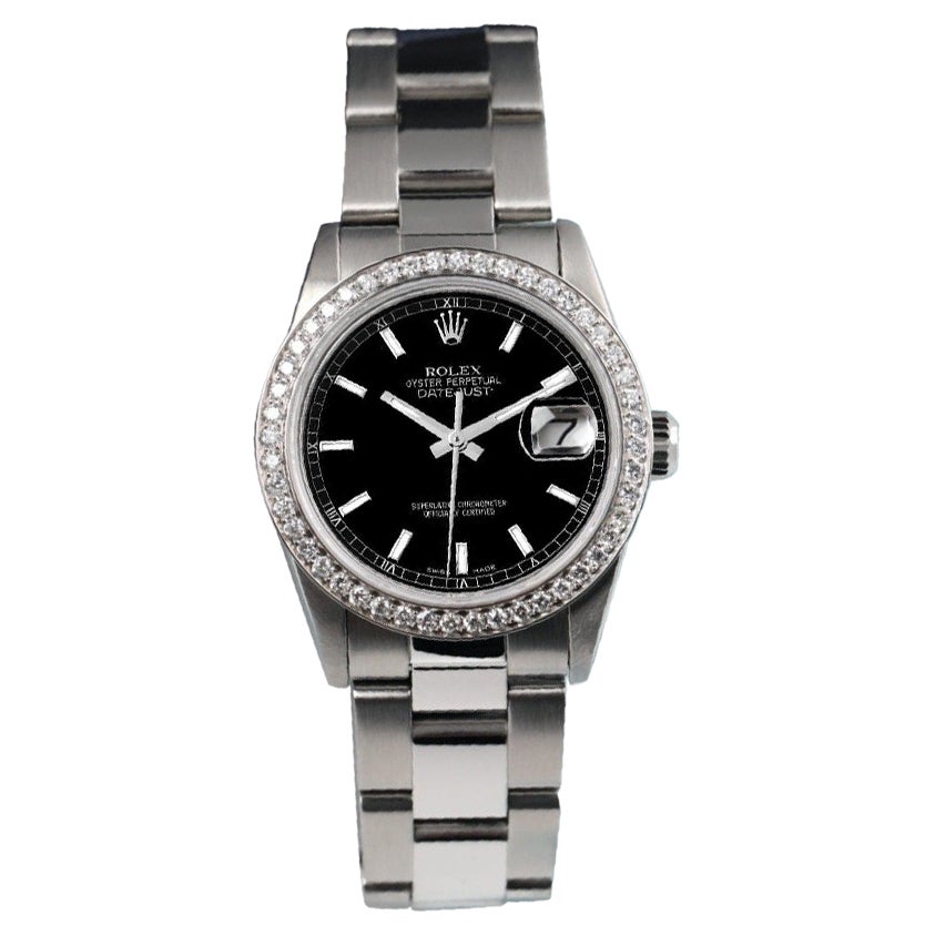 Rolex Datejust Diamond Bezel Black Index Dial Steel Watch For Sale