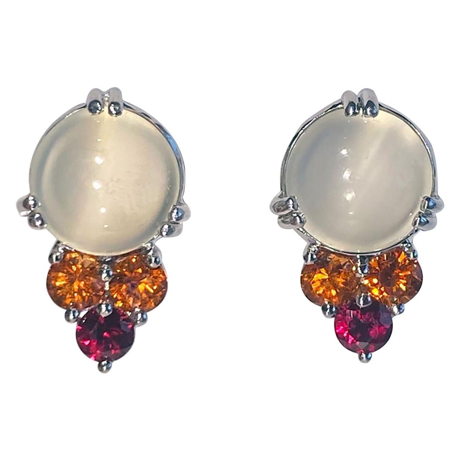 Burmese Moonstone Earrings with Cultured Orange Sapphire & Ruby For Sale