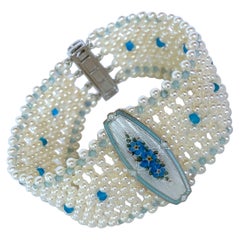 Marina J Aquamarine, Blue Topaz & Pearl Bracelet with Vintage Enamel Centerpiece