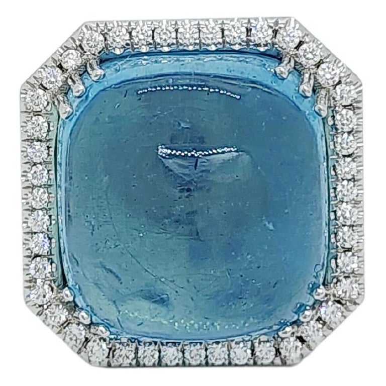 Aquamarine Cabochon and White Diamond Cocktail Ring in 18k White Gold For Sale