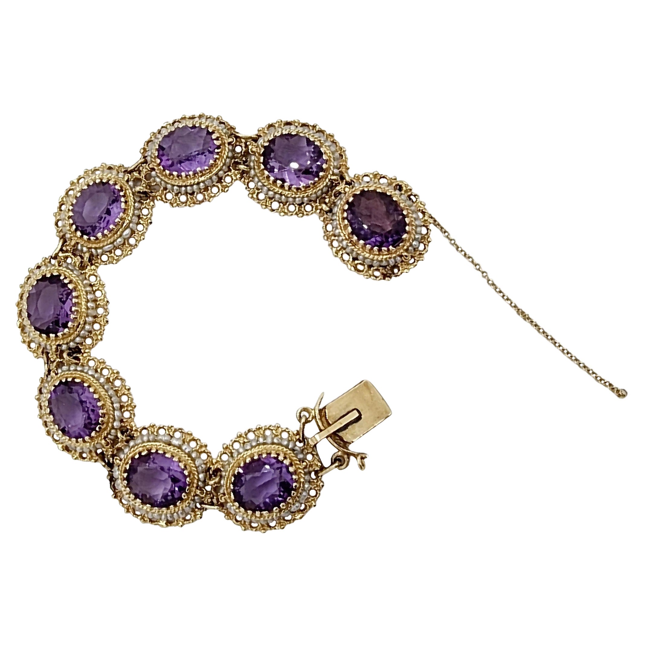Amethyst and White Pearl Bracelet in 14k Yellow Gold For Sale