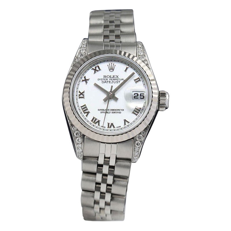Rolex Datejust White Roman Dial Diamond Lugs Steel Watch For Sale