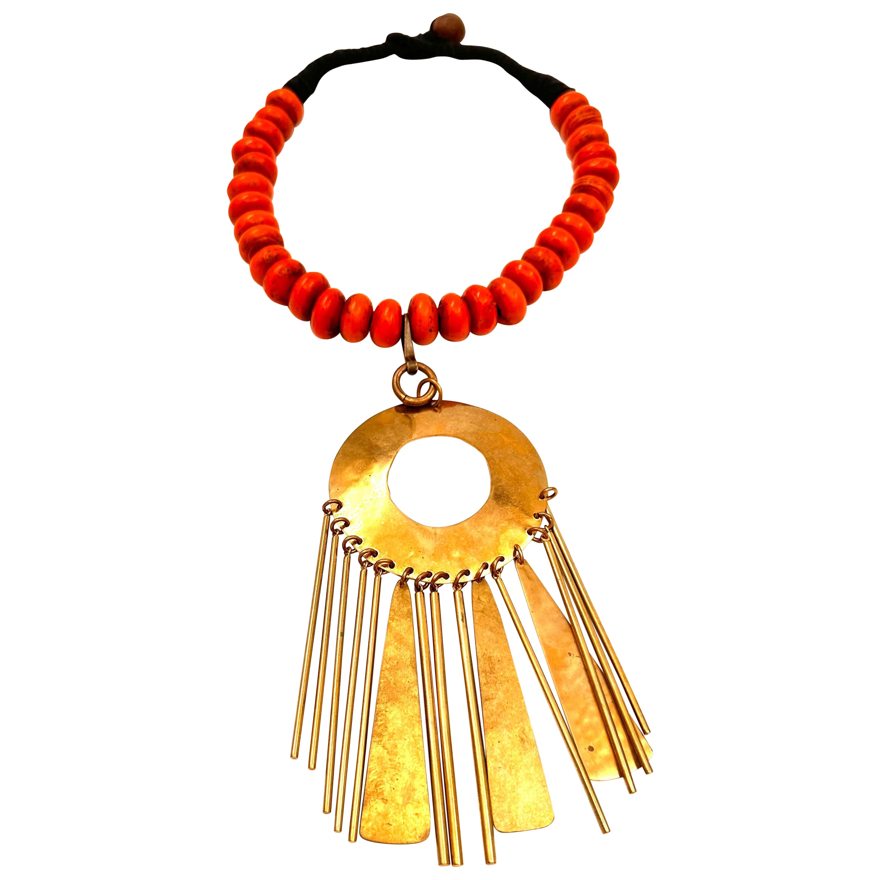 Robert Lee Morris Wabi Sabi Red African Bead Necklace with Fringed Pendant, 2009 For Sale