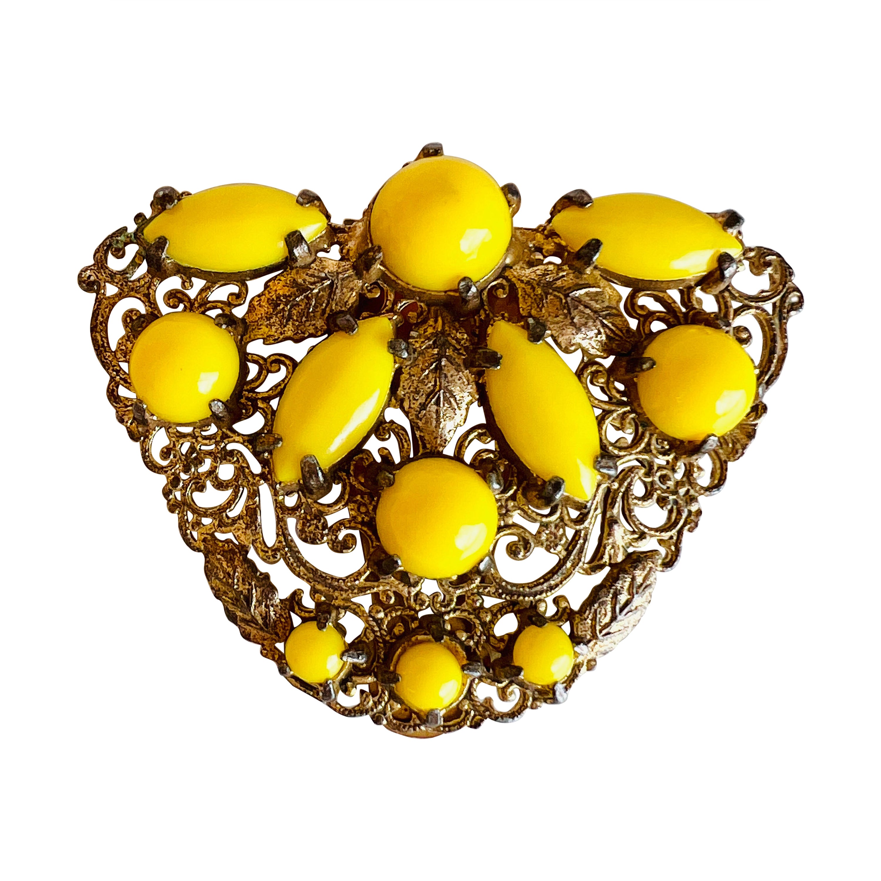 Pre 1920s Art Nouveau Yellow Glass Gold Filigree Dress Clip For Sale