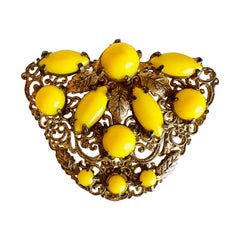Antique Pre 1920s Art Nouveau Yellow Glass Gold Filigree Dress Clip