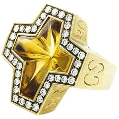 Stephen Webster Boyfriend Citrine Cross Pave Diamond Gold Ring 10