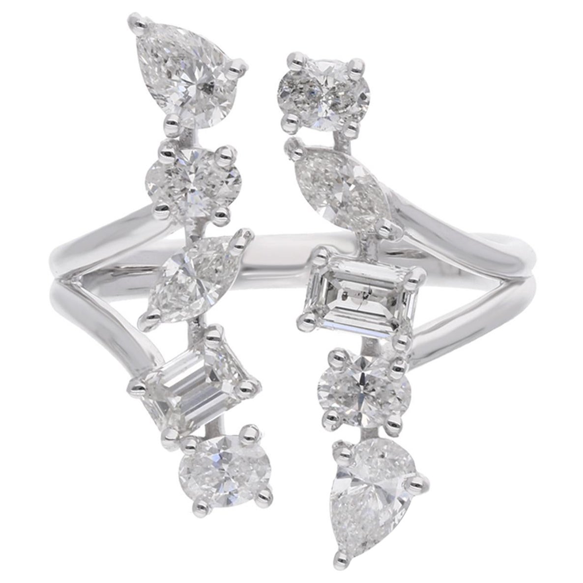 1.56 Carat Multi Shape Diamond Cuff Ring 18 Karat White Gold Handmade Jewelry For Sale