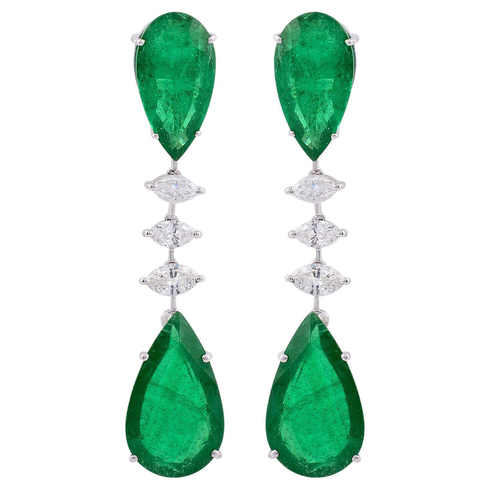 Pear Emerald Marquise Diamond Dangle Earrings Solid 14k White Gold Fine Jewelry For Sale