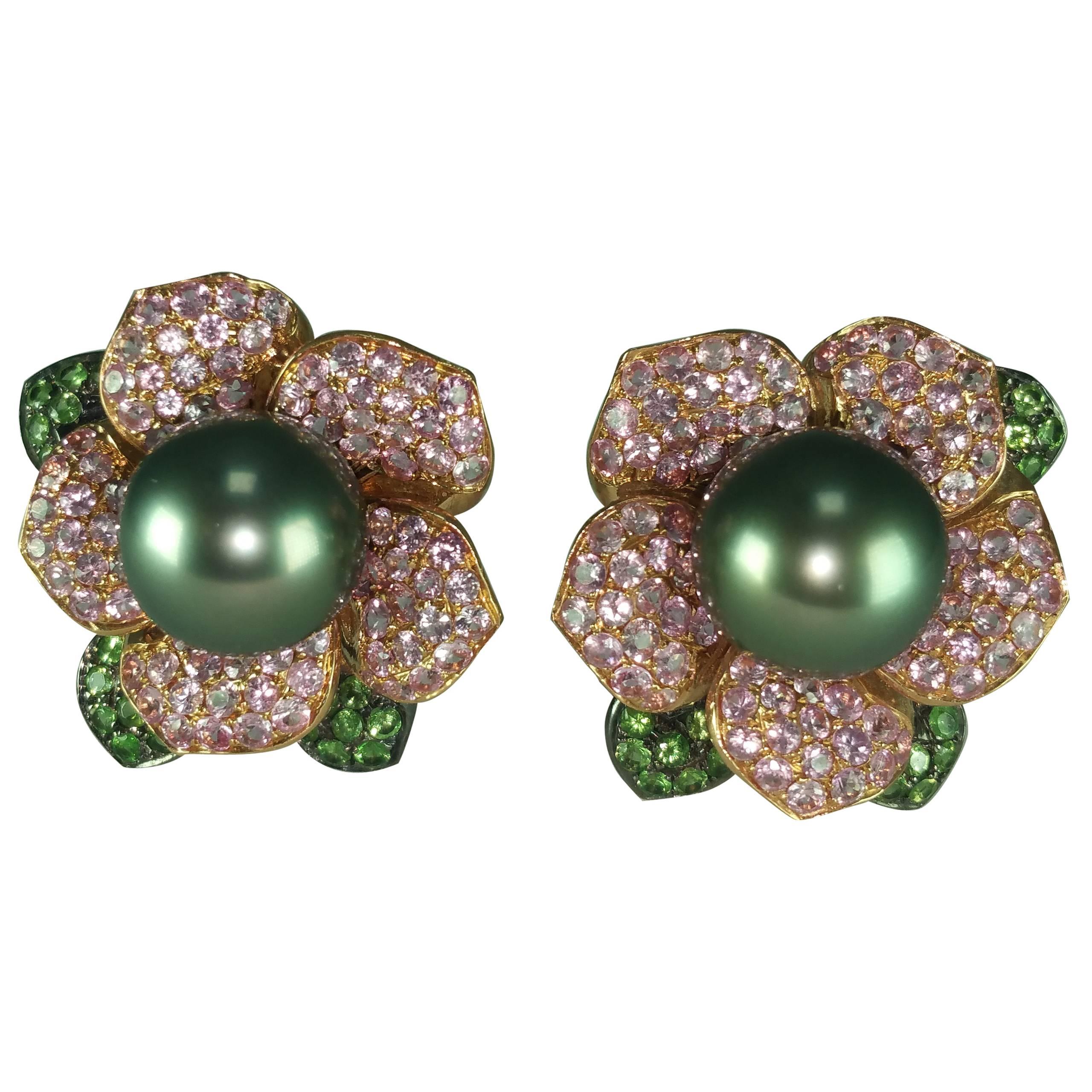 Pink Sapphire Green Garnet Tahitian Pearl Gold Earrings 