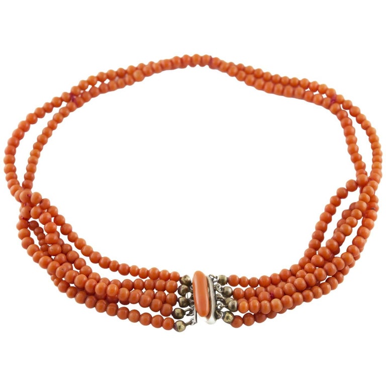 6 Strands 3-4mm Round Natural Orange Coral Necklace for Women Chokers 18-25''