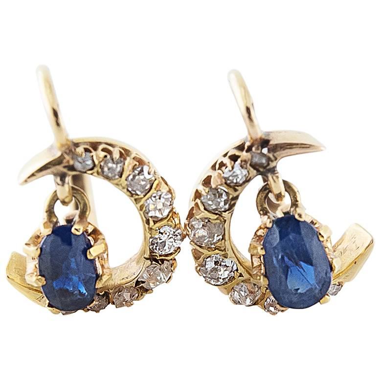 1910s French Sapphire Diamond Gold Moon Earrings