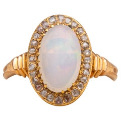 Antique French 18k Gold 1.35 Carat White Opal Diamond Cluster Ring C.1890