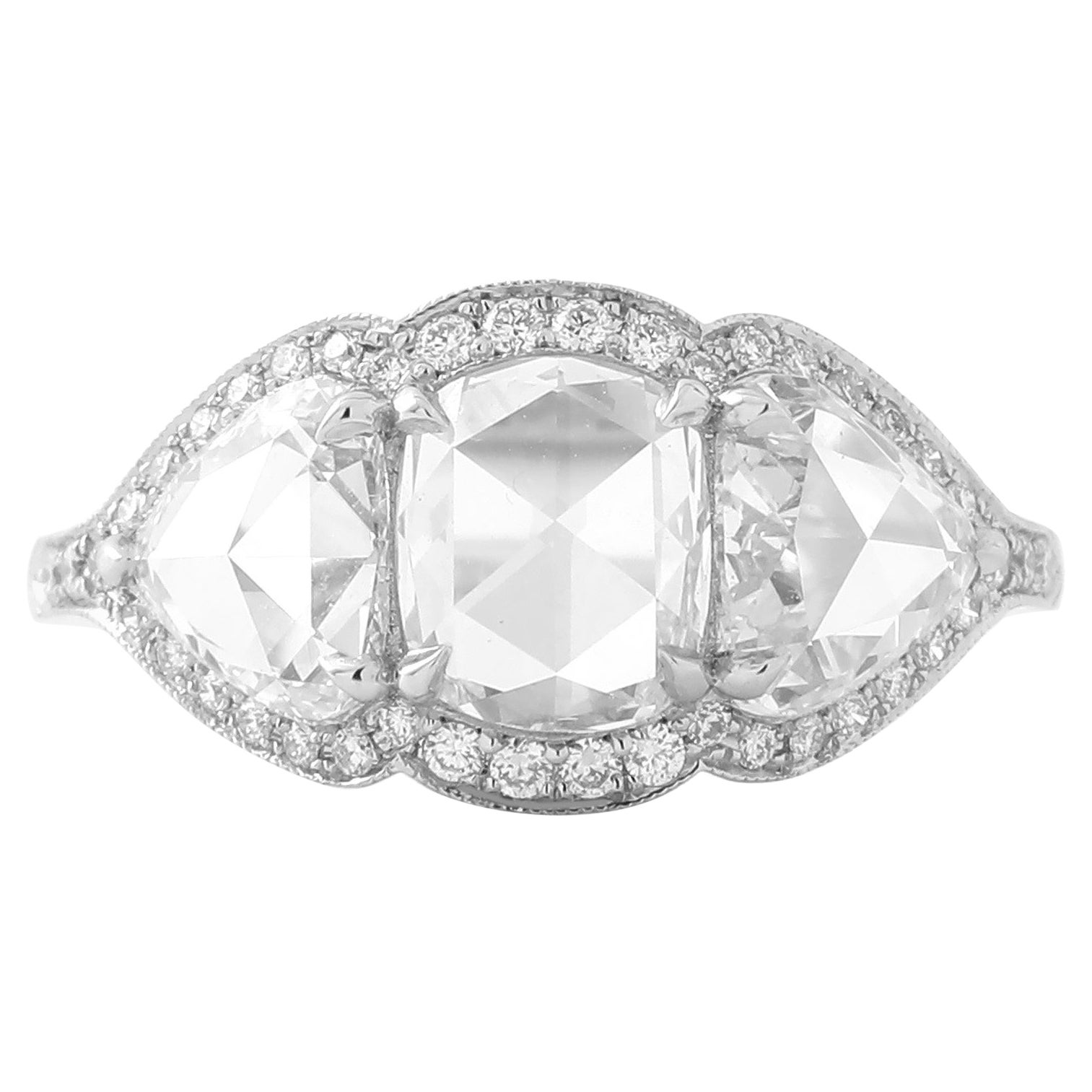 Rose Cut Diamond Cushion and Pear Shape Three Stone Ring, 2.71 Carats, F/G VS For Sale