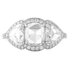 Rose Cut Diamond Cushion and Pear Shape Three Stone Ring, 2.71 Carats, F/G VS