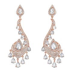 6.92 Carat Round Brilliant and Rose Cut Diamond Drop Fancy 18k Gold Earrings