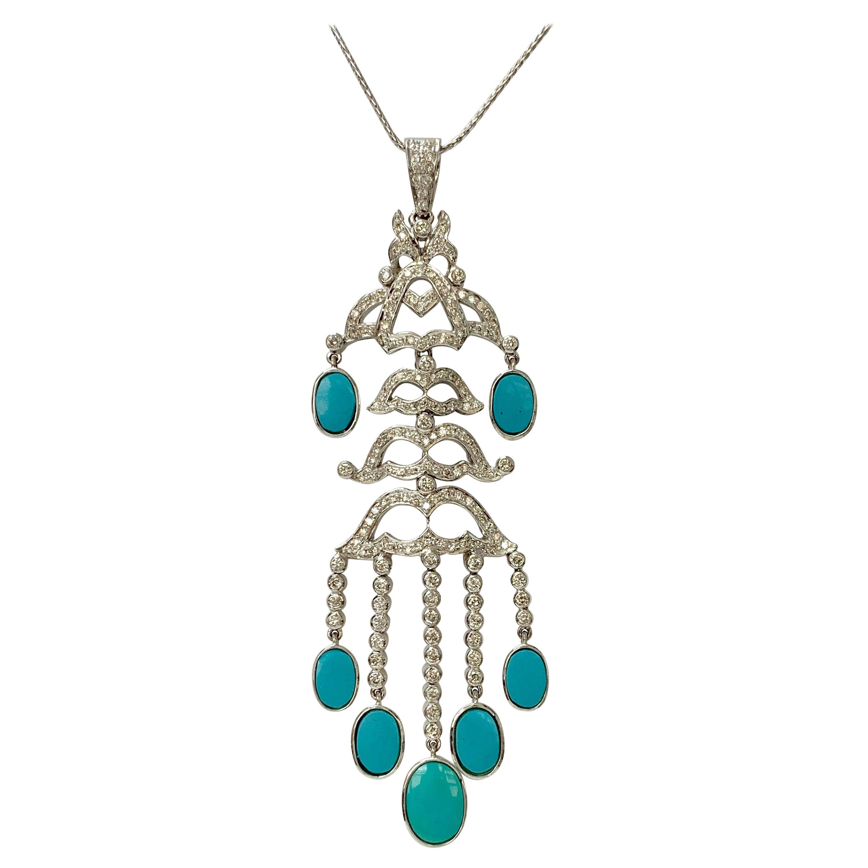 Collier pendentif diamant et turquoise en or blanc 18k en vente