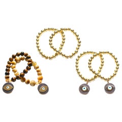 Clarissa Bronfman Gold Tiger's Eye Ebony Evil Eye Beaded Bracelet Set of 4