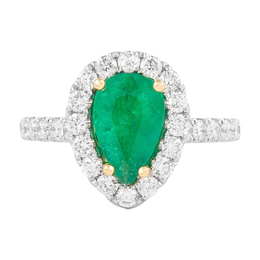 GIA 2.22 Carat Pear Shape Emerald and Diamond Rings 18k Gold For Sale