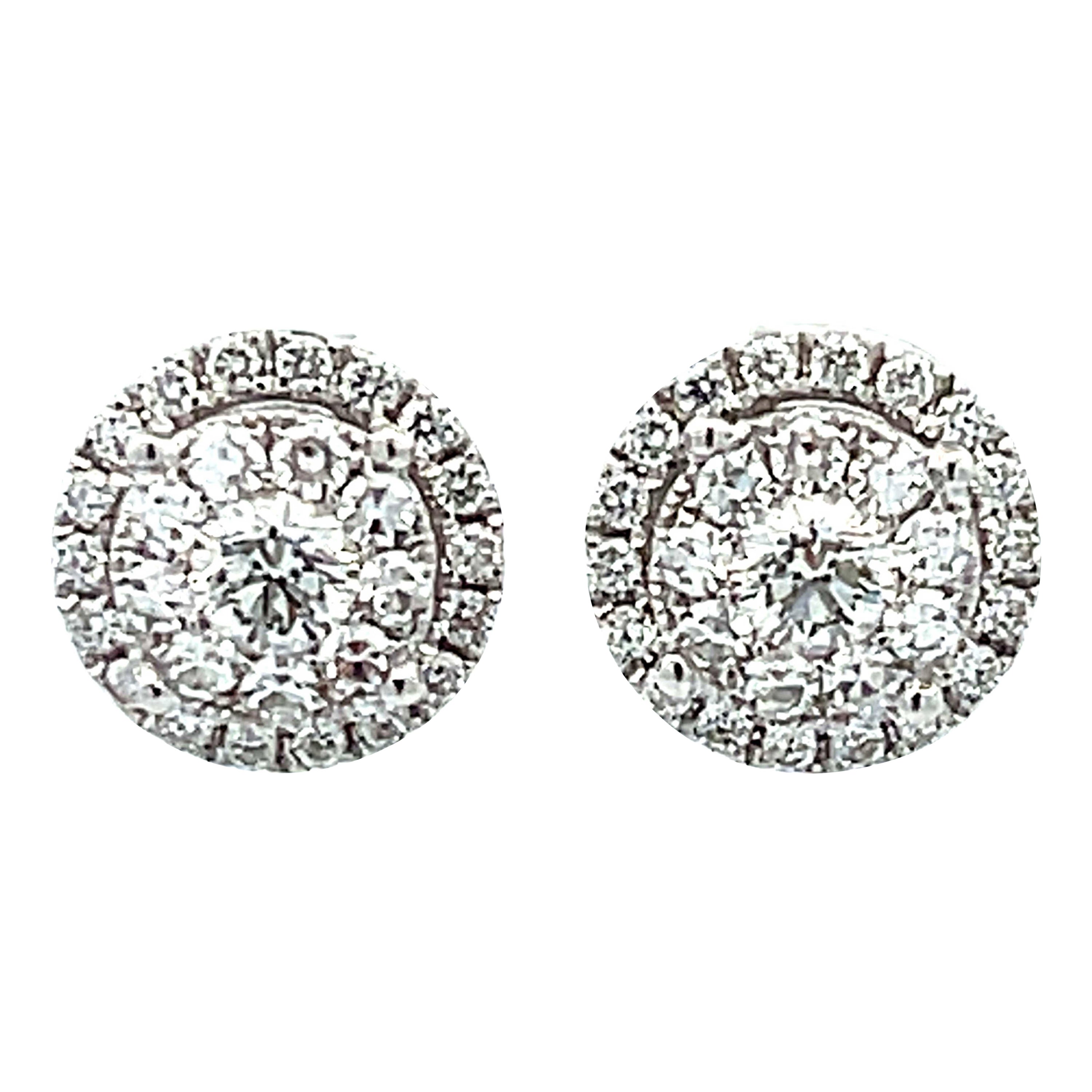 Double Diamond Halo Stud Earrings in 18k White Gold For Sale