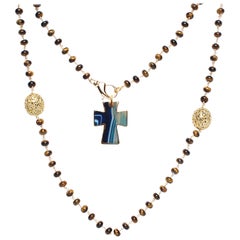 Clarissa Bronfman Tiger's Eye Diamond Gold Beaded Rosary & Blue Agate Cross