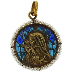 Art Deco 1920s Plique A Jour Seed Pearl Gold Madonna Pendant 8